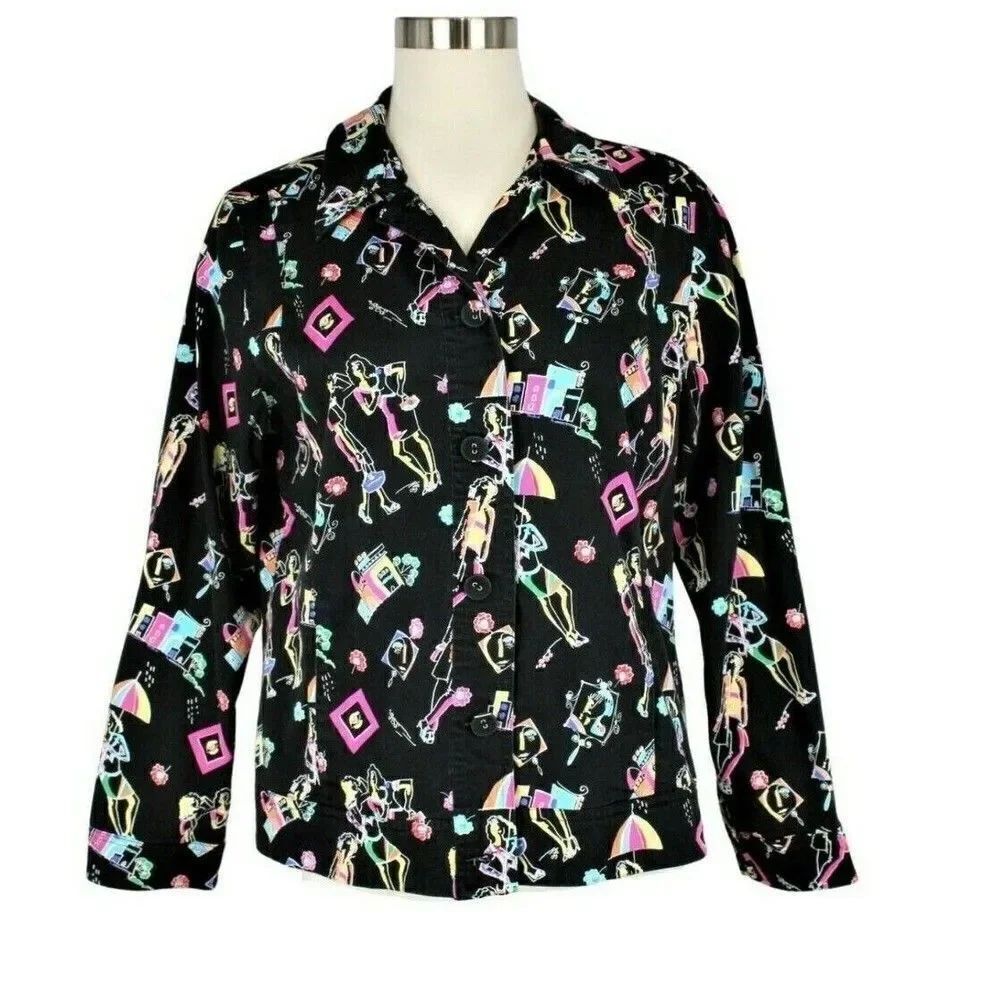 Jacket Lightweight Button Up Cottagecore Fashion Themed Print Pockets Black Sz L